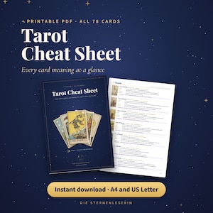 May include: A printable PDF tarot cheat sheet featuring 78 cards. The dark blue cover displays the text Tarot Cheat Sheet and an illustration of tarot cards. An interior page shows a list of card meanings for the suit of Wands.