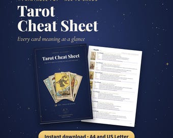 Puede incluir: Una hoja de referencia de tarot en PDF imprimible con 78 cartas. La portada azul oscuro muestra el texto Tarot Cheat Sheet y una ilustración de cartas. Una página interior muestra una lista de significados para el palo de Bastos.