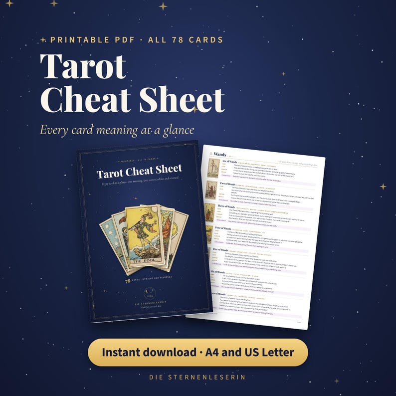 May include: A printable PDF tarot cheat sheet featuring 78 cards. The dark blue cover displays the text Tarot Cheat Sheet and an illustration of tarot cards. An interior page shows a list of card meanings for the suit of Wands.