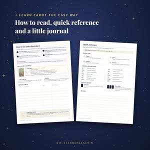 May include: Two white pages of a tarot guide titled Learn Tarot The Easy Way. The left page explains how to use a cheat sheet and read card blocks. The right page provides a quick reference for suits, numbers, court cards, and spreads.