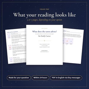 May include: A digital PDF tarot reading document featuring three white pages with black text. The central page displays the title What does the tarot advise? for Emily Carter, while the side pages show card positions and detailed interpretations.