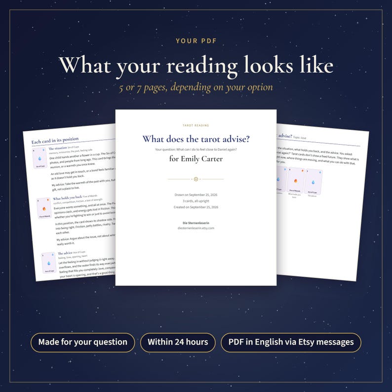 May include: A digital PDF tarot reading document featuring three white pages with black text. The central page displays the title What does the tarot advise? for Emily Carter, while the side pages show card positions and detailed interpretations.