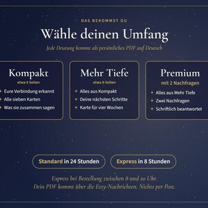May include: A dark blue digital information graphic with white text titled W&auml;hle deinen Umfang. It outlines three service tiers: Kompakt, Mehr Tiefe, and Premium, detailing page counts and features. Includes delivery options for Standard in 24 Stunden and Express in 8 Stunden.