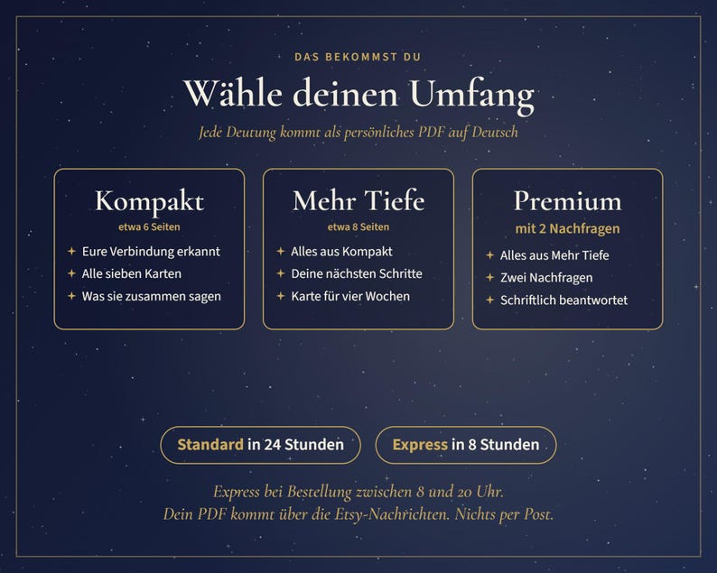 May include: A dark blue digital information graphic with white text titled W&auml;hle deinen Umfang. It outlines three service tiers: Kompakt, Mehr Tiefe, and Premium, detailing page counts and features. Includes delivery options for Standard in 24 Stunden and Express in 8 Stunden.