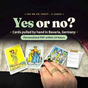 Puede incluir: Tres cartas de tarot sobre una superficie, incluyendo la Sota de Oros, el Rey de Copas y el Siete de Copas. El texto dice: Yes or no? Cards pulled by hand in Bavaria, Germany. Personalized PDF within 24 hours. Se incluye un documento de muestra.