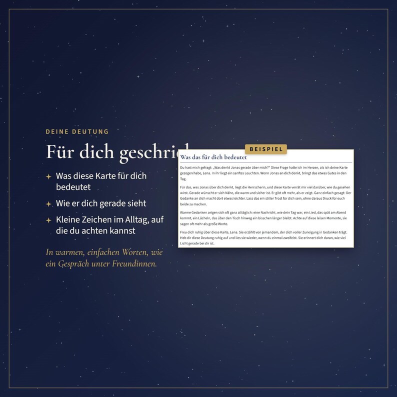 Pu&ograve; includere: Un grafico informativo blu scuro con testo bianco intitolato DEINE DEUTUNG e F&uuml;r dich geschrieben. Include tre punti elenco e una scheda di esempio rettangolare bianca etichettata BEISPIEL con testo in tedesco sull'interpretazione personale.