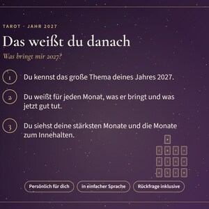 May include: A dark purple digital graphic with white text titled Tarot Jahr 2027. It lists three numbered points in German regarding tarot readings for the year 2027, includes a small grid of card icons, and three buttons at the bottom.