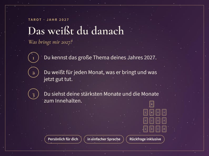 May include: A dark purple digital graphic with white text titled Tarot Jahr 2027. It lists three numbered points in German regarding tarot readings for the year 2027, includes a small grid of card icons, and three buttons at the bottom.
