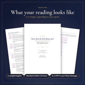 May include: A digital PDF tarot reading document featuring a central page titled How does he feel about me? for Emily Carter, flanked by two additional pages displaying card positions, interpretations, and small tarot card illustrations.