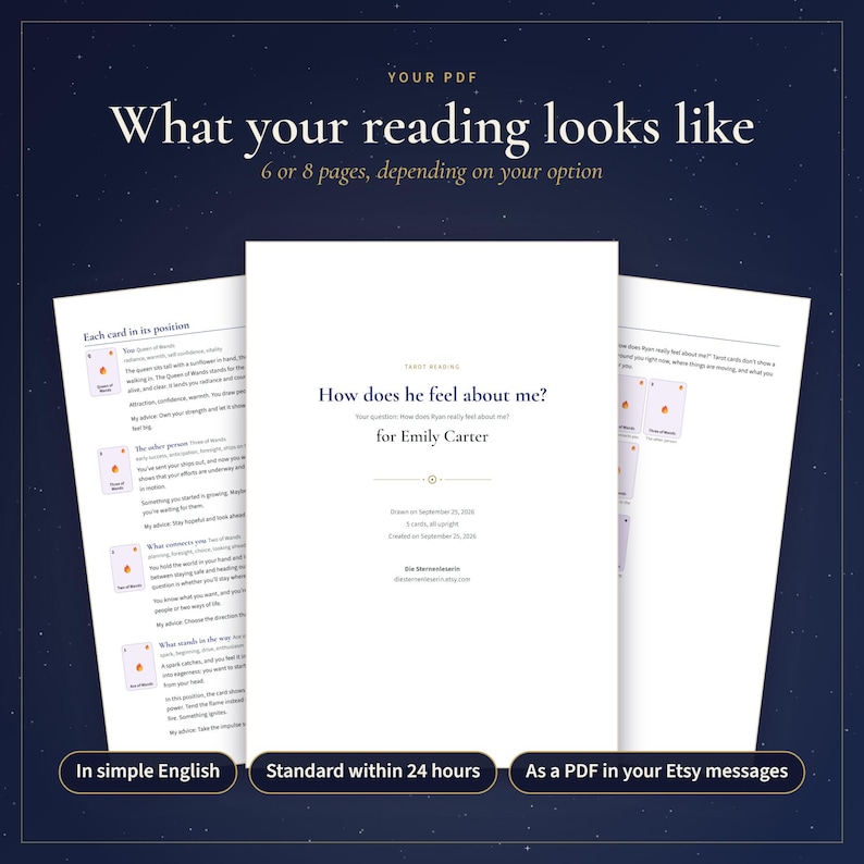 May include: A digital PDF tarot reading document featuring a central page titled How does he feel about me? for Emily Carter, flanked by two additional pages displaying card positions, interpretations, and small tarot card illustrations.
