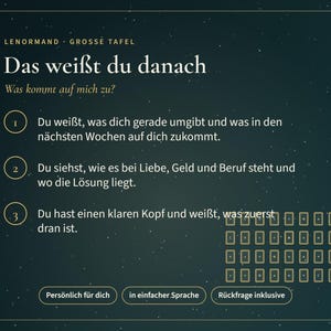 Puede incluir: Un gr&aacute;fico informativo de color verde oscuro titulado Lenormand Grosse Tafel con el texto Das wei&szlig;t du danach y Was kommt auf mich zu. Incluye tres puntos numerados en alem&aacute;n y una cuadr&iacute;cula de iconos de cartas rectangulares.