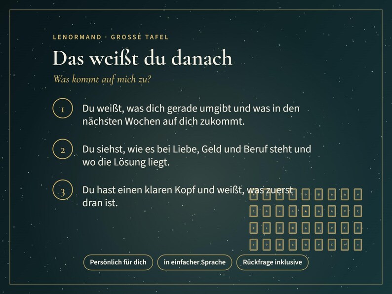 Puede incluir: Un gr&aacute;fico informativo de color verde oscuro titulado Lenormand Grosse Tafel con el texto Das wei&szlig;t du danach y Was kommt auf mich zu. Incluye tres puntos numerados en alem&aacute;n y una cuadr&iacute;cula de iconos de cartas rectangulares.