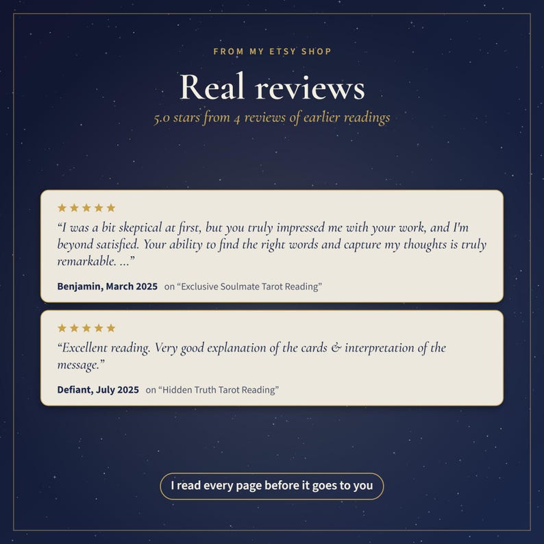 May include: A dark blue graphic featuring customer testimonials for an Etsy shop. The text reads: FROM MY ETSY SHOP, Real reviews, 5.0 stars from 4 reviews of earlier readings. Two review boxes contain five-star ratings and customer feedback.