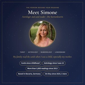 Könnte beinhalten: Eine dunkelblaue Infografik mit einem kreisförmigen Porträt einer blonden Person. Der Text enthält: THE PERSON BEHIND YOUR READING, Meet Simone, Astrologer and card reader, TAROT, ASTROLOGY, NUMEROLOGY, LENORMAND sowie Details zur Erfahrung.