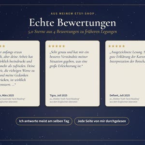 May include: A dark blue graphic display featuring three white rectangular customer review cards with five-star ratings. The text includes German testimonials from Benjamin, Tigra, and Defiant, along with the phrases Ich antworte meist am selben Tag and Jede Seite von mir durchgelesen.