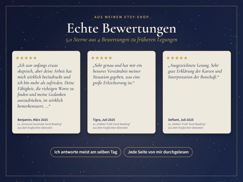 May include: A dark blue graphic display featuring three white rectangular customer review cards with five-star ratings. The text includes German testimonials from Benjamin, Tigra, and Defiant, along with the phrases Ich antworte meist am selben Tag and Jede Seite von mir durchgelesen.
