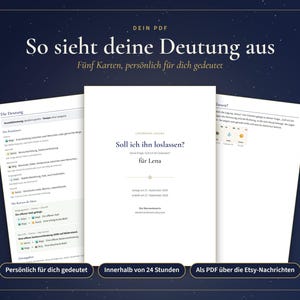 May include: A digital document in PDF format featuring a personalised tarot reading report. The cover page displays the text 'Soll ich ihn loslassen?' and 'f&uuml;r Lena', while the visible inner pages contain detailed interpretations of five cards.