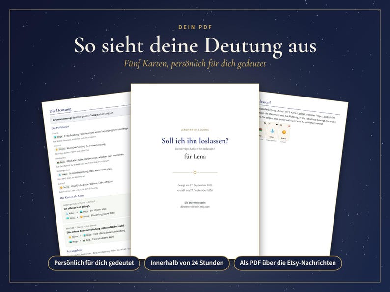 May include: A digital document in PDF format featuring a personalised tarot reading report. The cover page displays the text 'Soll ich ihn loslassen?' and 'f&uuml;r Lena', while the visible inner pages contain detailed interpretations of five cards.