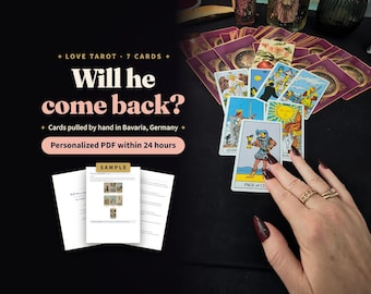 May include: A collection of tarot cards with purple backs spread out on a black surface, featuring the Page of Cups card in the foreground. Text on the left reads: Love Tarot, 7 Cards, Will he come back?, Cards pulled by hand in Bavaria, Germany.