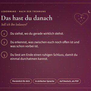 May include: A dark purple digital graphic with white text titled Lenormand Nach der Trennung Das hast du danach. It lists three numbered points about relationship clarity and includes buttons labelled Pers&ouml;nlich f&uuml;r dich, in einfacher Sprache, and Auf Deutsch, als PDF.