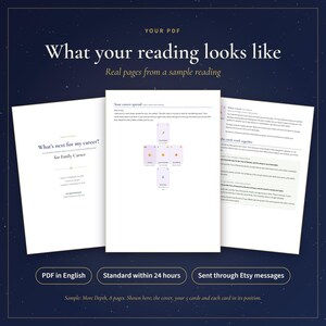May include: Three white pages of a digital tarot reading report displayed against a dark blue starry background. The pages feature black text, including the title What's next for my career?, a five-card tarot spread diagram, and detailed analysis.