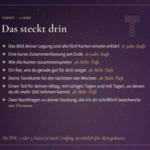 K&ouml;nnte beinhalten: Eine dunkelviolette Infografik mit wei&szlig;em Text mit dem Titel Tarot Liebe Das steckt drin. Sie listet Servicedetails auf, darunter Kartenerkl&auml;rungen, Zusammenfassungen, Ratschl&auml;ge und R&uuml;ckfragen, mit einem T-f&ouml;rmigen Kartenlayout-Symbol.