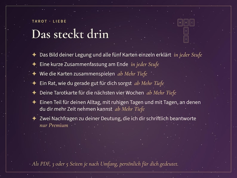 K&ouml;nnte beinhalten: Eine dunkelviolette Infografik mit wei&szlig;em Text mit dem Titel Tarot Liebe Das steckt drin. Sie listet Servicedetails auf, darunter Kartenerkl&auml;rungen, Zusammenfassungen, Ratschl&auml;ge und R&uuml;ckfragen, mit einem T-f&ouml;rmigen Kartenlayout-Symbol.