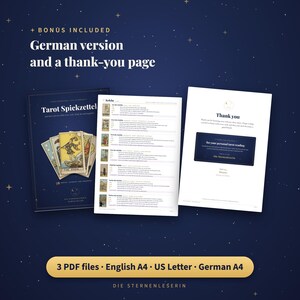 May include: A digital tarot guide set featuring a dark blue cover titled Tarot Spickzettel with a Fool card illustration, a white reference sheet with card meanings, and a white thank you page. Includes 3 PDF files in A4 and US Letter sizes.