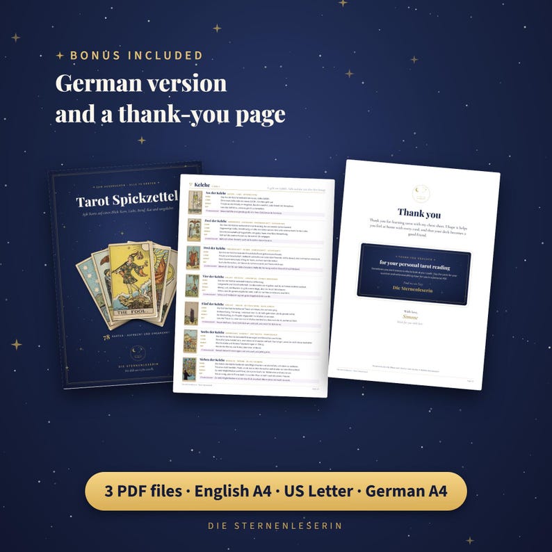 May include: A digital tarot guide set featuring a dark blue cover titled Tarot Spickzettel with a Fool card illustration, a white reference sheet with card meanings, and a white thank you page. Includes 3 PDF files in A4 and US Letter sizes.