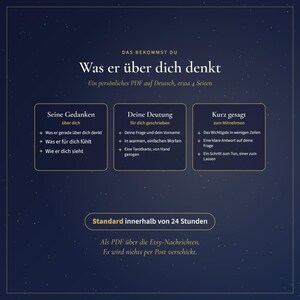 Pu&ograve; includere: Un grafico digitale blu scuro con testo bianco e oro. L'intestazione recita "Was er &uuml;ber dich denkt" seguita da tre riquadri che descrivono un servizio PDF di quattro pagine. Include le sezioni "Seine Gedanken", "Deine Deutung" e "Kurz gesagt", con una nota sulla consegna entro 24 ore tramite messaggi Etsy.