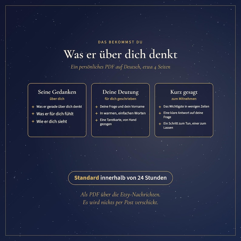 Pu&ograve; includere: Un grafico digitale blu scuro con testo bianco e oro. L'intestazione recita "Was er &uuml;ber dich denkt" seguita da tre riquadri che descrivono un servizio PDF di quattro pagine. Include le sezioni "Seine Gedanken", "Deine Deutung" e "Kurz gesagt", con una nota sulla consegna entro 24 ore tramite messaggi Etsy.