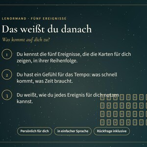 May include: A dark green informational graphic with gold text titled Lenormand F&uuml;nf Ereignisse. It lists three numbered points about card reading outcomes and includes a grid of small card icons, plus three buttons labeled in German.