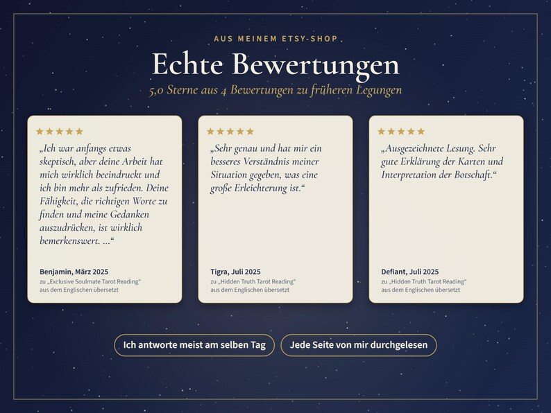 May include: A dark blue graphic display featuring three white rectangular customer review cards with five-star ratings. The text includes German testimonials from Benjamin, Tigra, and Defiant, along with the phrases Ich antworte meist am selben Tag and Jede Seite von mir durchgelesen.