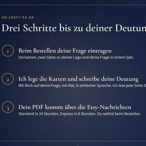 May include: A dark blue informational graphic with white text titled SO L&Auml;UFT ES AB Drei Schritte bis zu deiner Deutung. It outlines three steps: 1. Beim Bestellen deine Frage eintragen, 2. Ich lege die Karten und schreibe deine Deutung, 3. Dein PDF kommt &uuml;ber die Etsy-Nachrichten.