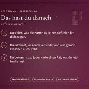 K&ouml;nnte beinhalten: Eine dunkelviolette digitale Grafik mit wei&szlig;em Text, betitelt Lenormand Liebeslegung Das hast du danach Liebt er mich noch. Sie listet drei nummerierte Schritte zu Kartenlegungen f&uuml;r Gef&uuml;hle, Verbindungen und Ratschl&auml;ge auf, mit drei Schaltfl&auml;chen.