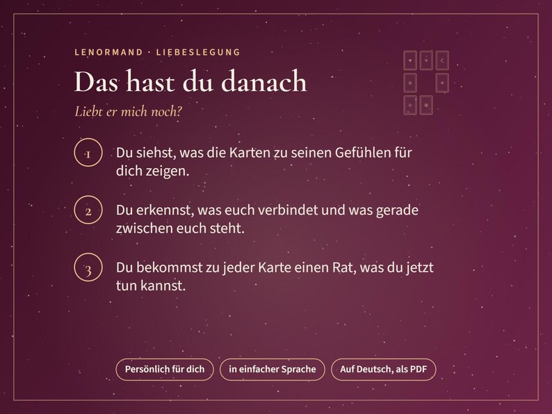 K&ouml;nnte beinhalten: Eine dunkelviolette digitale Grafik mit wei&szlig;em Text, betitelt Lenormand Liebeslegung Das hast du danach Liebt er mich noch. Sie listet drei nummerierte Schritte zu Kartenlegungen f&uuml;r Gef&uuml;hle, Verbindungen und Ratschl&auml;ge auf, mit drei Schaltfl&auml;chen.