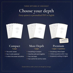 Puede incluir: Un gr&aacute;fico azul oscuro que muestra tres niveles de informes PDF personalizados titulados Compact, More Depth y Premium. Cada nivel muestra pilas de p&aacute;ginas blancas con texto. El gr&aacute;fico incluye listas de caracter&iacute;sticas y el texto Choose your depth.