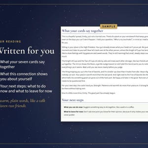 May include: A dark blue document with white text titled Written for you, featuring a sample tarot reading. The text includes sections on what cards say together, connection insights, and next steps, written in a conversational tone for Emily.