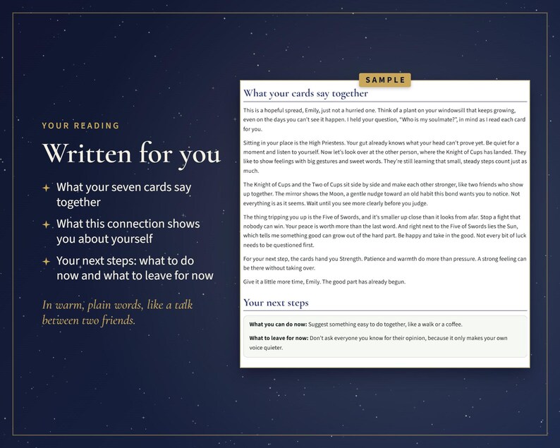 May include: A dark blue document with white text titled Written for you, featuring a sample tarot reading. The text includes sections on what cards say together, connection insights, and next steps, written in a conversational tone for Emily.