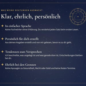 May include: A dark blue informational graphic with a starry night background featuring a gold astrological chart icon. The text reads: WAS MEINE DEUTUNGEN AUSMACHT. Klar, ehrlich, pers&ouml;nlich. In einfacher Sprache. Pers&ouml;nlich f&uuml;r dich erstellt. Tendenzen statt Versprechen. Ehrlich bei den Grenzen.