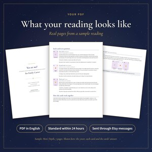 Puede incluir: Un documento PDF digital que muestra tres p&aacute;ginas blancas con texto negro. Las p&aacute;ginas presentan una lectura para Emily Carter, incluyendo posiciones de cartas, interpretaciones y un resumen. Tres botones abajo indican PDF in English, Standard within 24 hours y Sent through Etsy messages.
