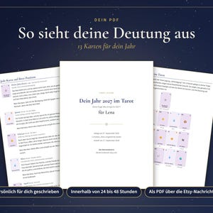 May include: A digital PDF document titled 'Dein Jahr 2027 im Tarot f&uuml;r Lena' displayed with two accompanying pages showing tarot card interpretations and a layout of thirteen cards, all set against a dark blue background with white stars.