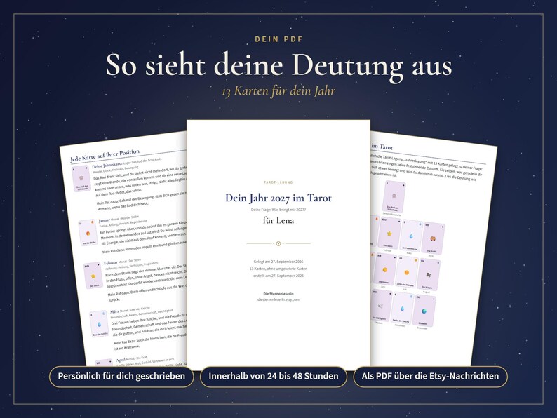 May include: A digital PDF document titled 'Dein Jahr 2027 im Tarot f&uuml;r Lena' displayed with two accompanying pages showing tarot card interpretations and a layout of thirteen cards, all set against a dark blue background with white stars.
