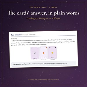 Puede incluir: Una lectura de tarot digital sobre un fondo morado oscuro con el texto Yes or No Tarot 3 Cards, The cards' answer, in plain words y Leaning yes, leaning no, or still open. Muestra una lectura de ejemplo con tres cartas: Temperance, Knight of Wands y The Star, concluyendo con el texto: The cards say: leaning yes. The direction looks good, even if getting there may take some time.