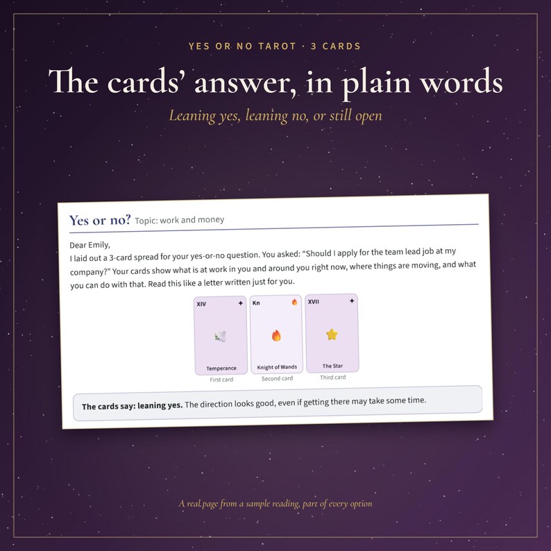 Puede incluir: Una lectura de tarot digital sobre un fondo morado oscuro con el texto Yes or No Tarot 3 Cards, The cards' answer, in plain words y Leaning yes, leaning no, or still open. Muestra una lectura de ejemplo con tres cartas: Temperance, Knight of Wands y The Star, concluyendo con el texto: The cards say: leaning yes. The direction looks good, even if getting there may take some time.