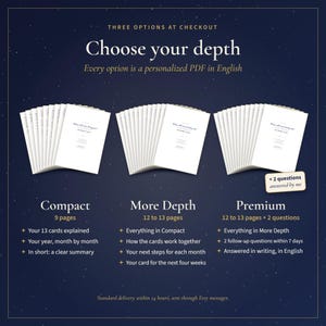 May include: Three sets of white document pages arranged in fan shapes against a dark blue background. Text includes "Choose your depth," "Compact 9 pages," "More Depth 12 to 13 pages," and "Premium 12 to 13 pages + 2 questions" with details.