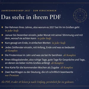 May include: A dark blue digital document titled JAHRESHOROSKOP 2027 ZUM VERSCHENKEN with a star-filled background and a circular zodiac symbol. It lists content details including monthly forecasts, eclipse dates, daily calendar guidance, and card readings.