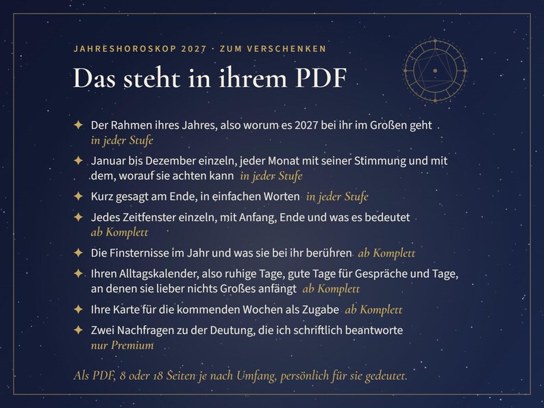 May include: A dark blue digital document titled JAHRESHOROSKOP 2027 ZUM VERSCHENKEN with a star-filled background and a circular zodiac symbol. It lists content details including monthly forecasts, eclipse dates, daily calendar guidance, and card readings.