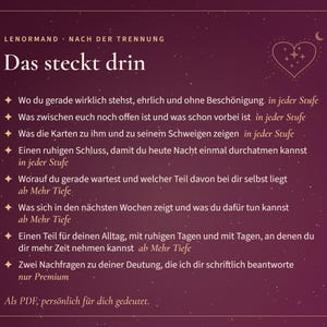May include: A dark purple digital graphic with a starry background featuring a heart icon and the German text: Lenormand, Nach der Trennung, Das steckt drin, followed by a list of eight bullet points detailing reading services and Als PDF, pers&ouml;nlich f&uuml;r dich gedeutet.