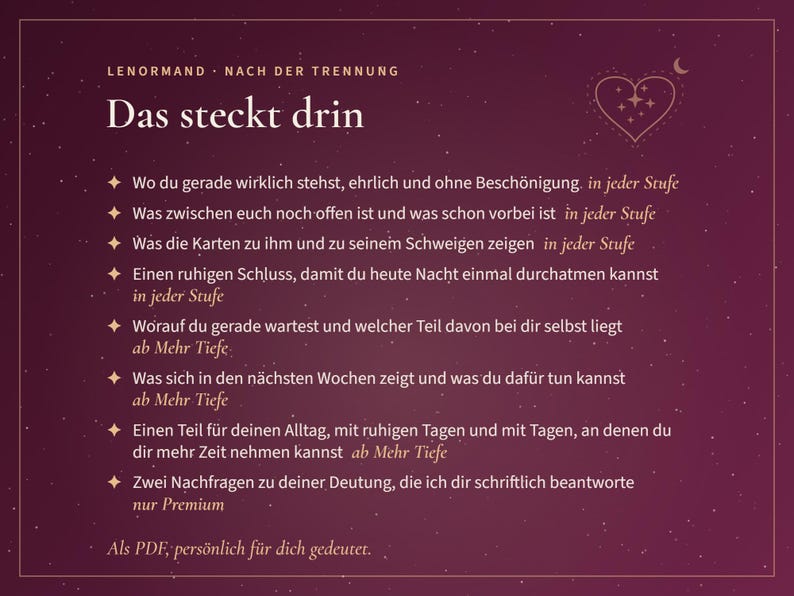 May include: A dark purple digital graphic with a starry background featuring a heart icon and the German text: Lenormand, Nach der Trennung, Das steckt drin, followed by a list of eight bullet points detailing reading services and Als PDF, pers&ouml;nlich f&uuml;r dich gedeutet.